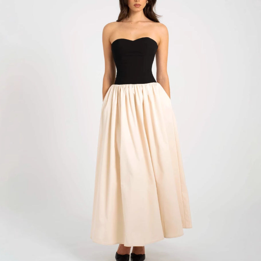 Modieuze contrasterende strapless mouwloze jurk voor dames