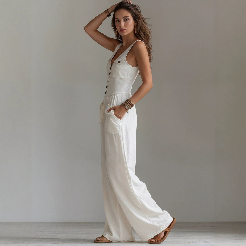 Zomerse V-hals mouwloze jumpsuit met hoge taille voor dames