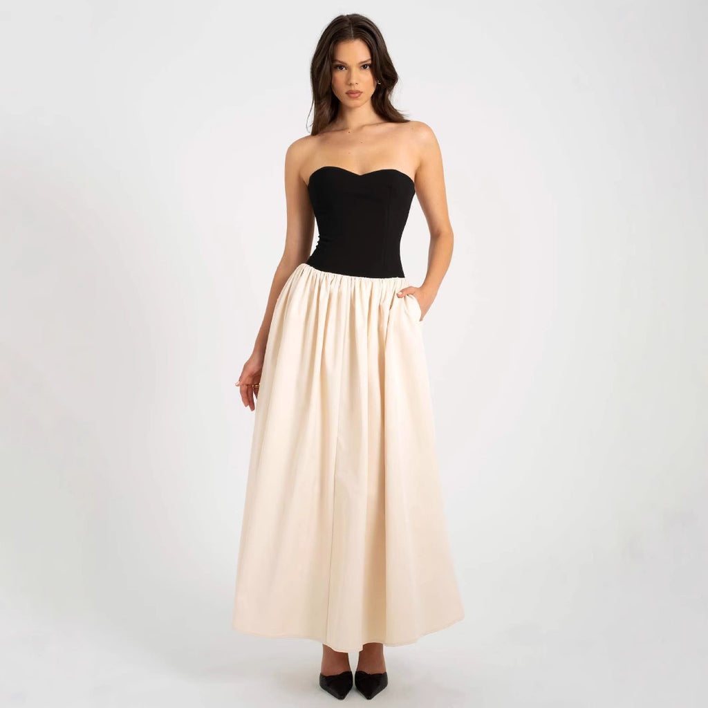 Modieuze contrasterende strapless mouwloze jurk voor dames