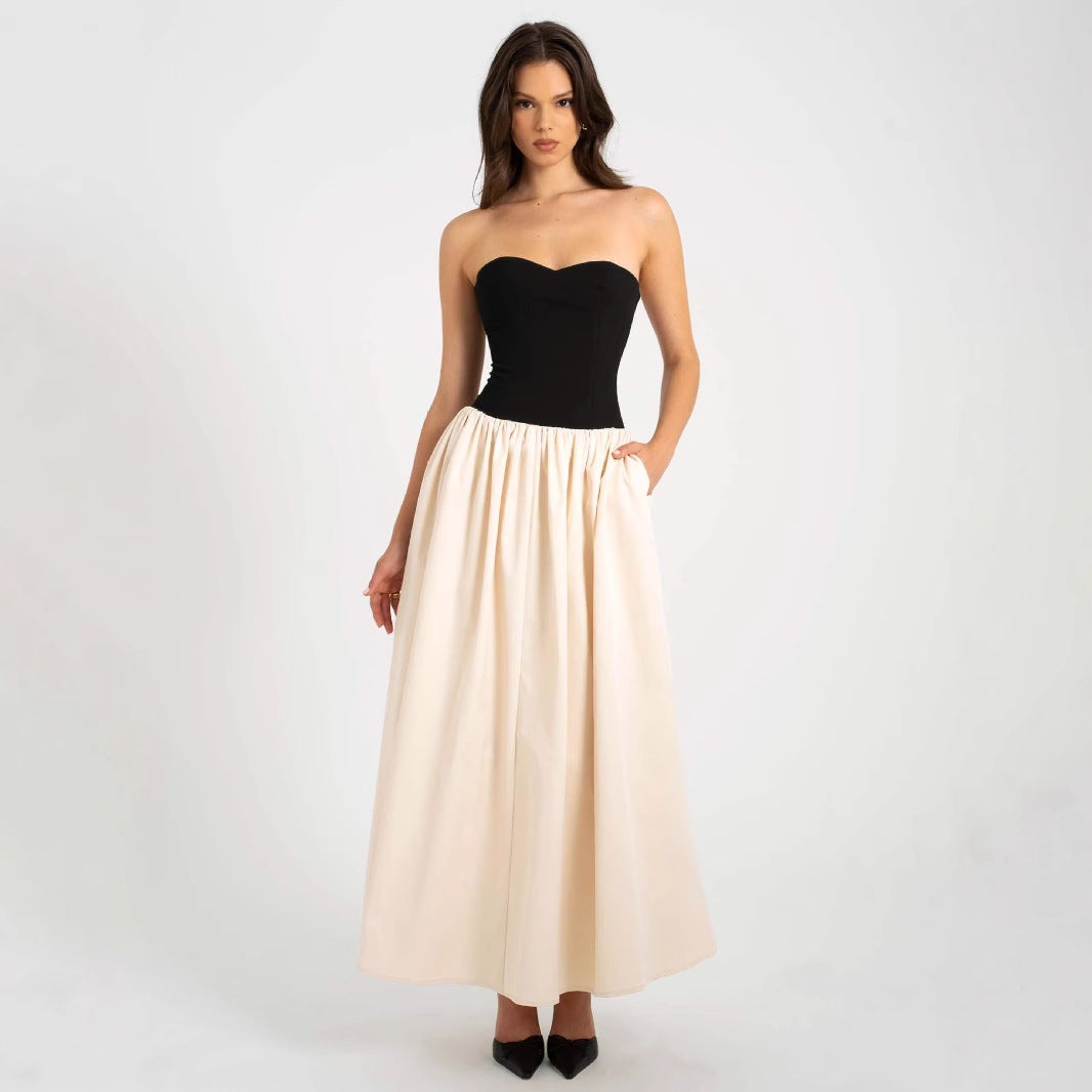 Modieuze contrasterende strapless mouwloze jurk voor dames