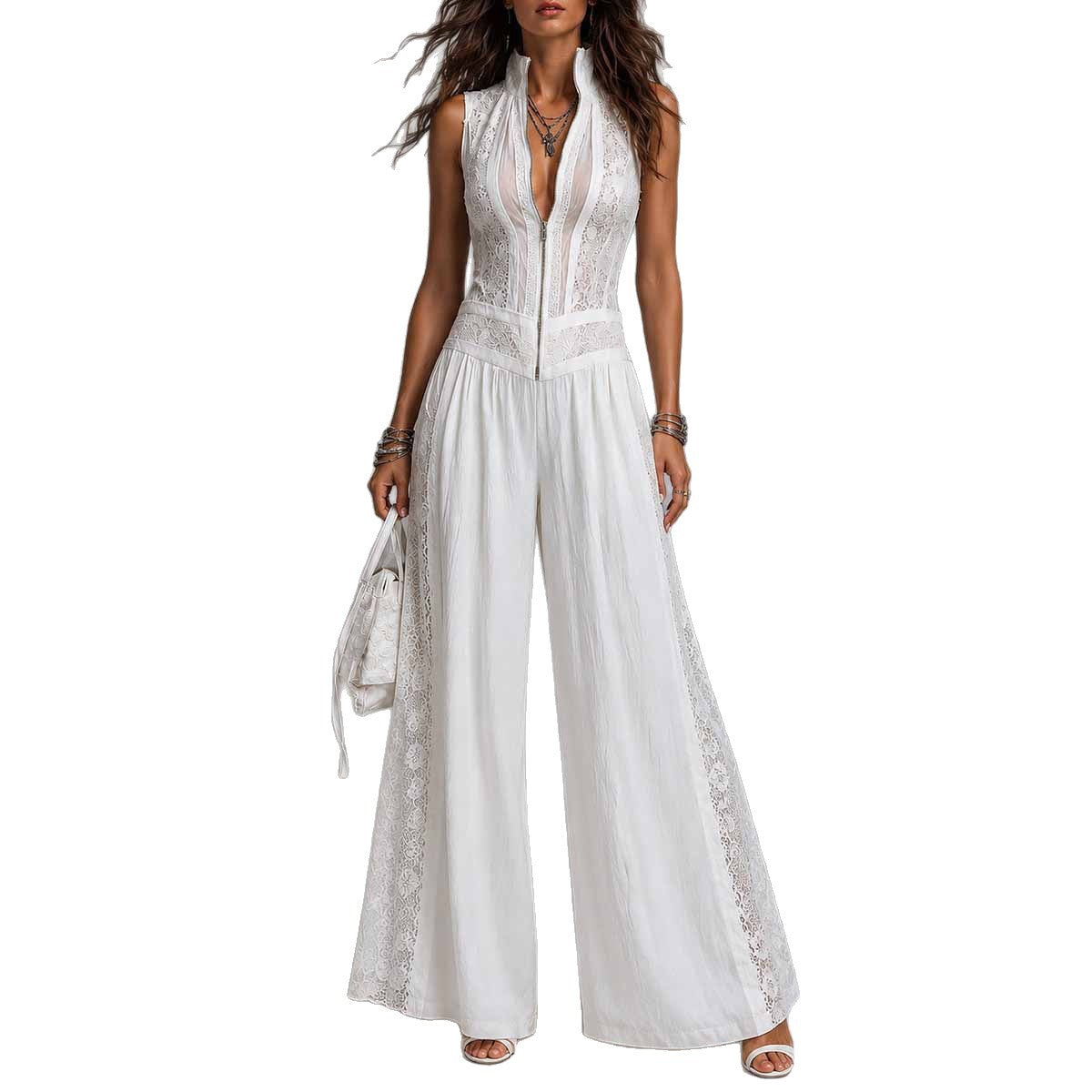 Mouwloze jumpsuit met kanten patchwork