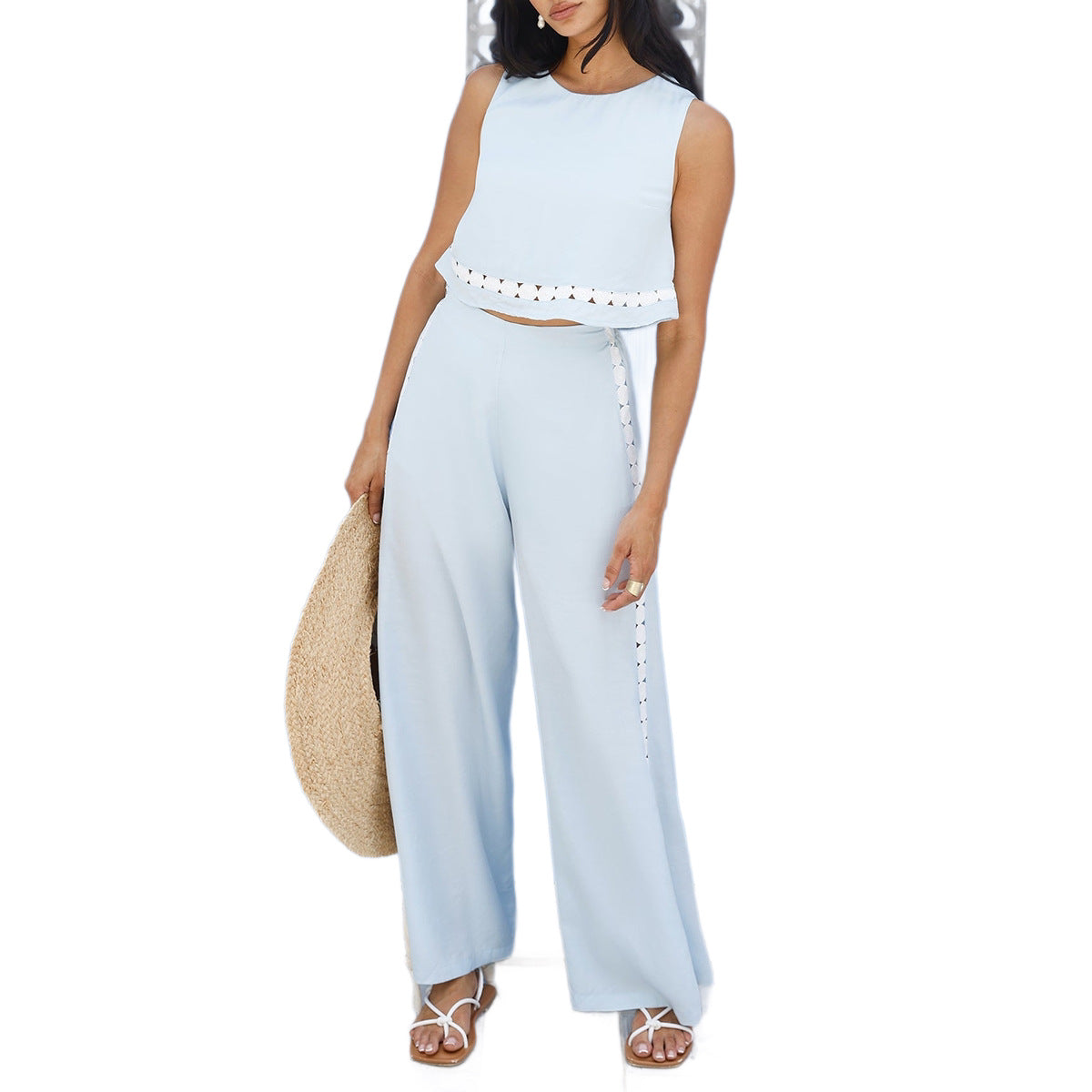 Celeste Geborduurde Wide-Leg Set