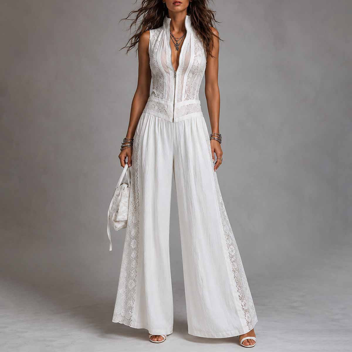 Mouwloze jumpsuit met kanten patchwork