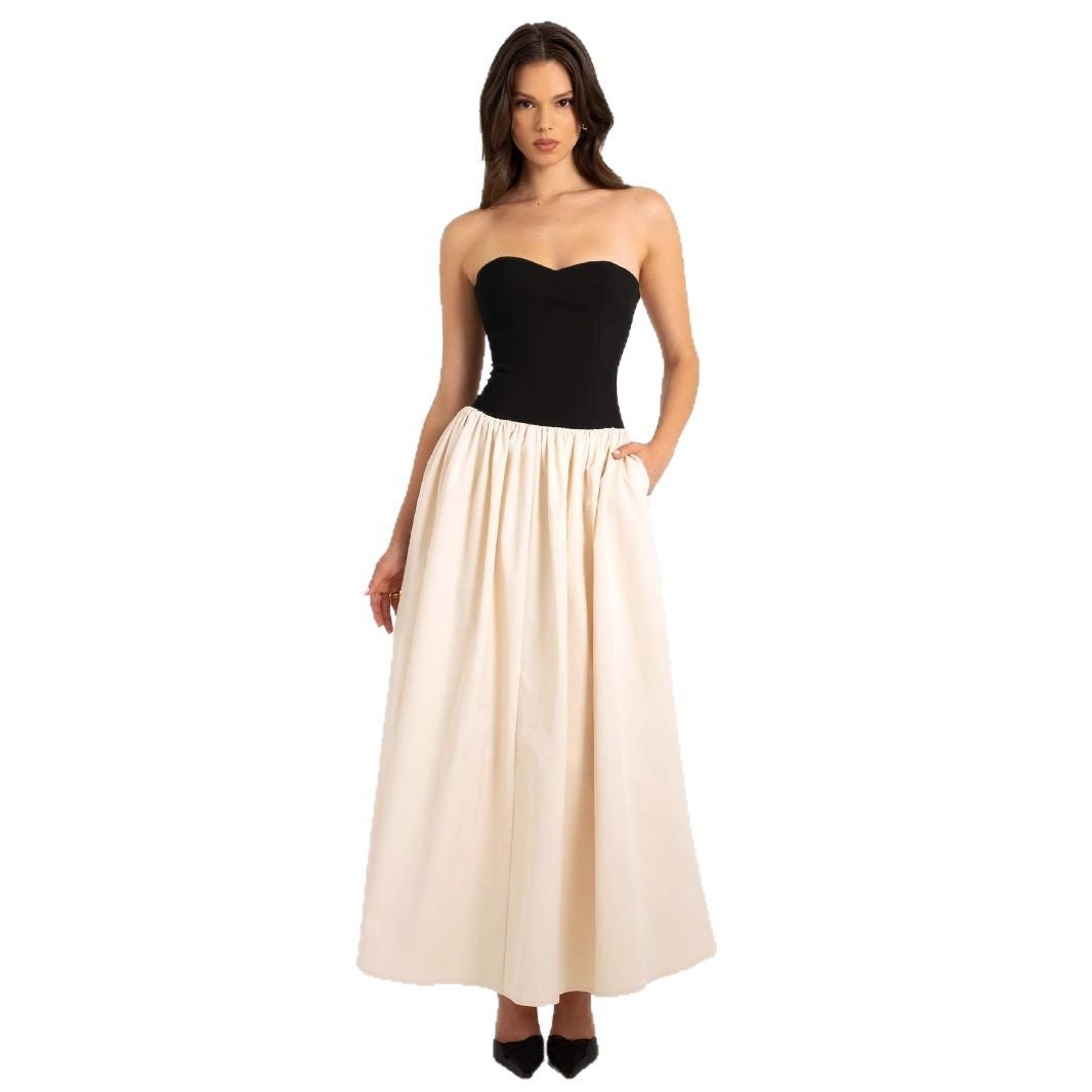 Modieuze contrasterende strapless mouwloze jurk voor dames