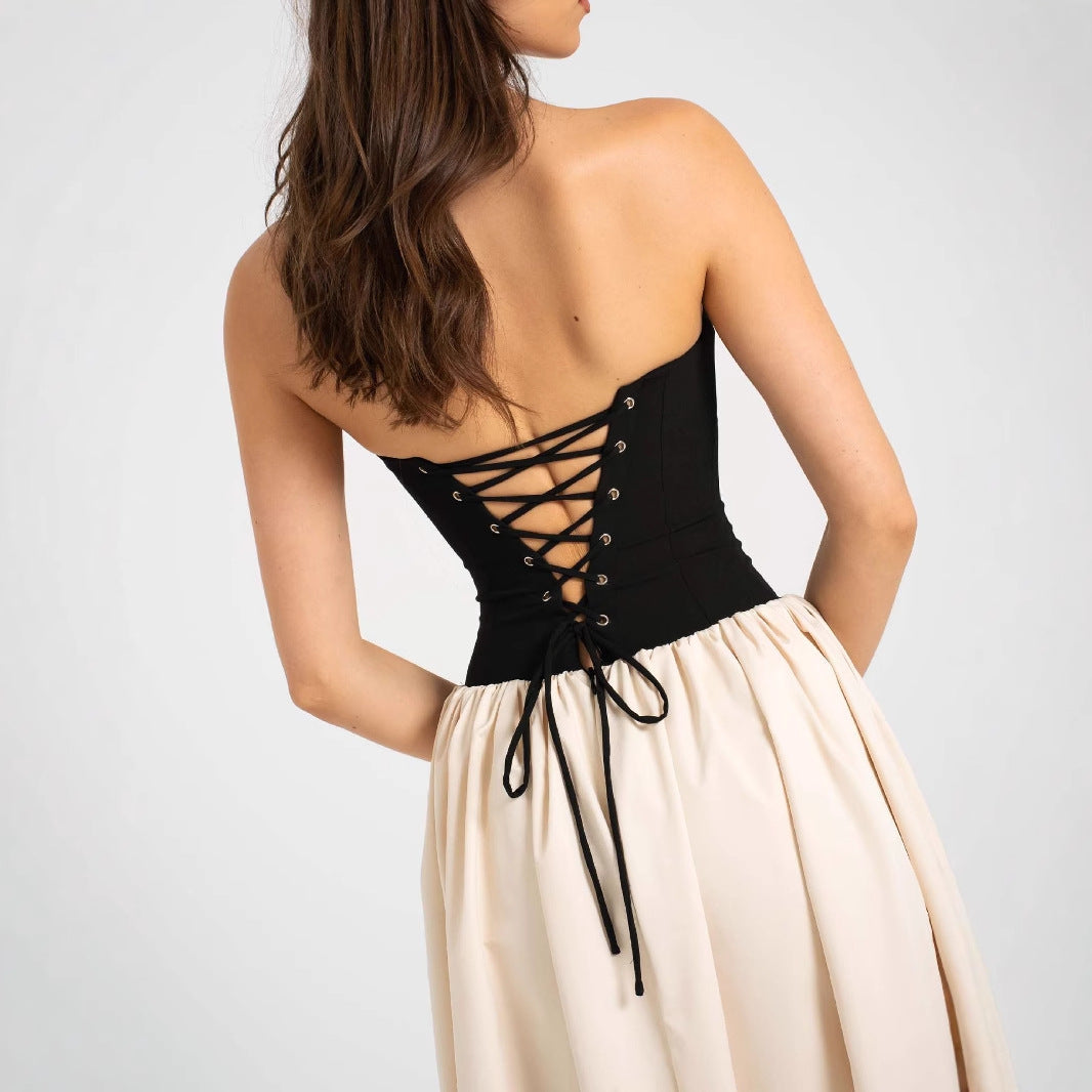 Modieuze contrasterende strapless mouwloze jurk voor dames
