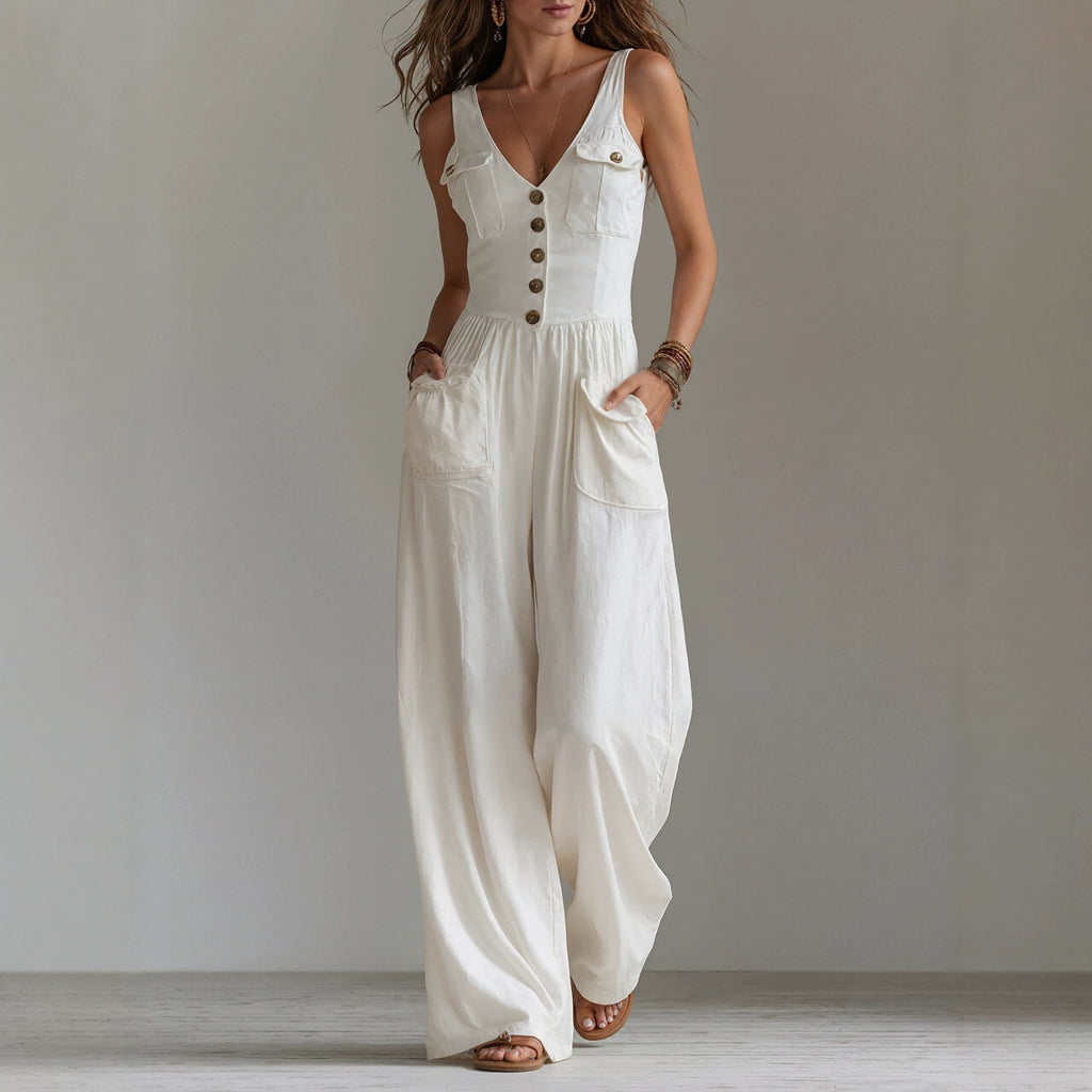 Zomerse V-hals mouwloze jumpsuit met hoge taille voor dames