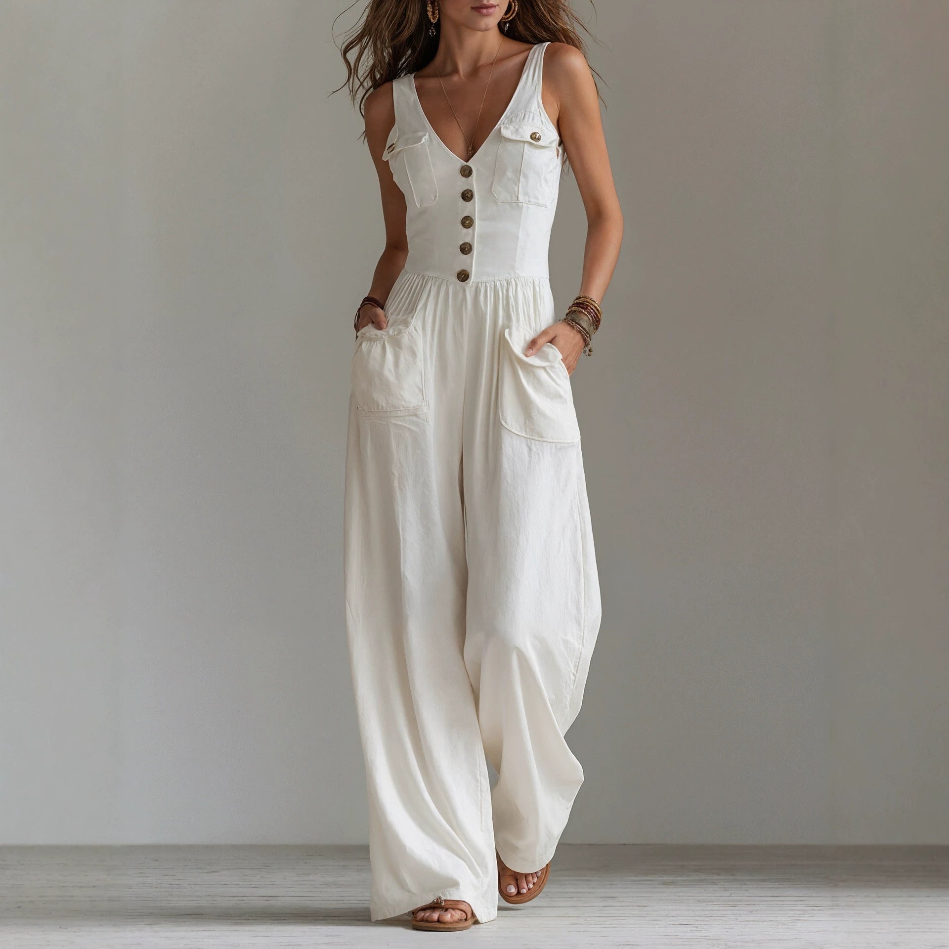 Zomerse V-hals mouwloze jumpsuit met hoge taille voor dames