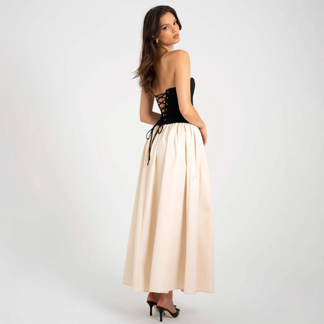 Modieuze contrasterende strapless mouwloze jurk voor dames