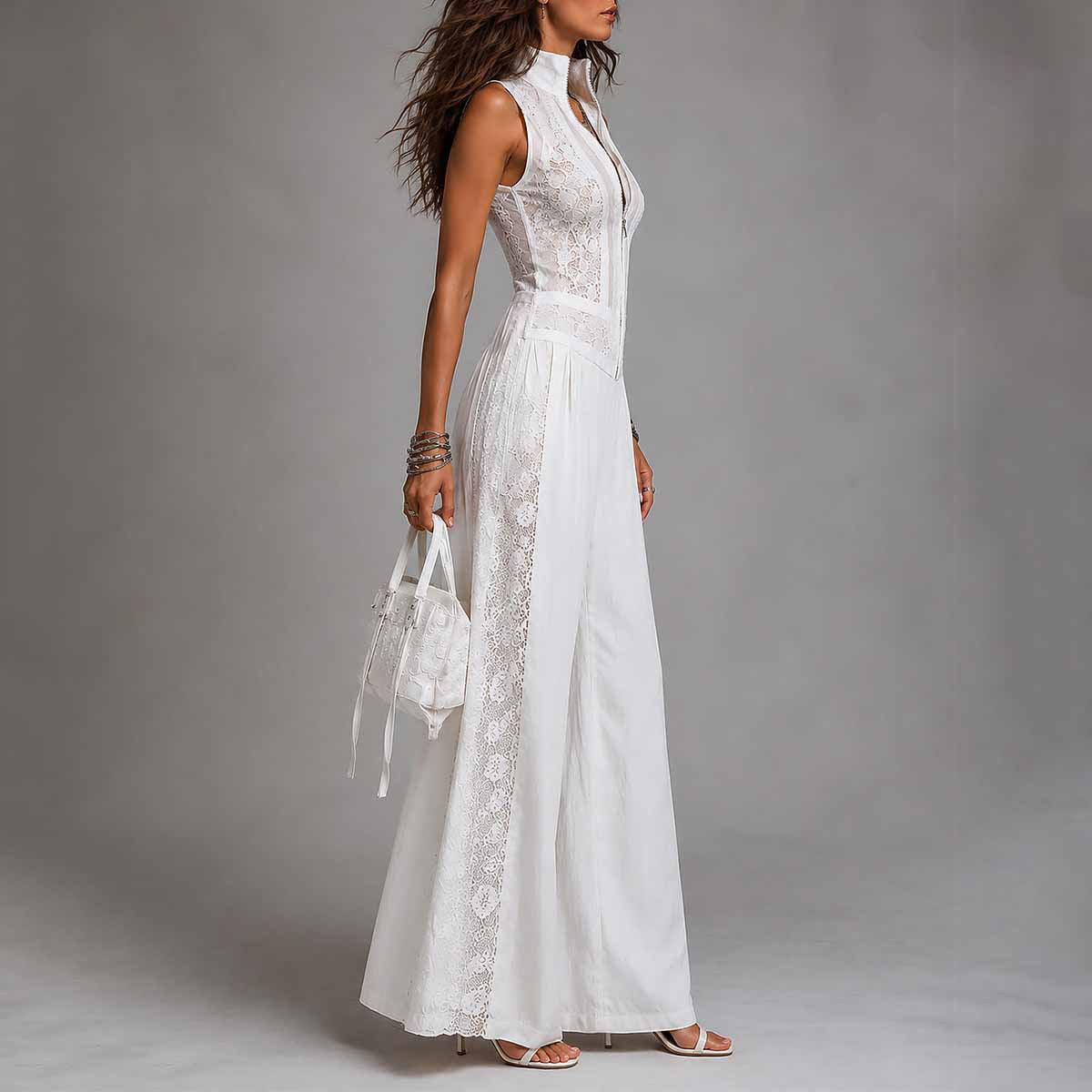 Mouwloze jumpsuit met kanten patchwork