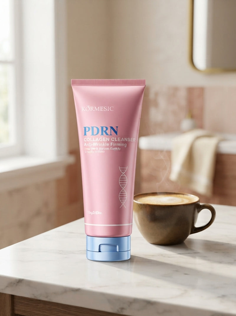 A Kormesic firming stick resting on a marble vanity next to a cup of coffee in a bright, modern bathroom.