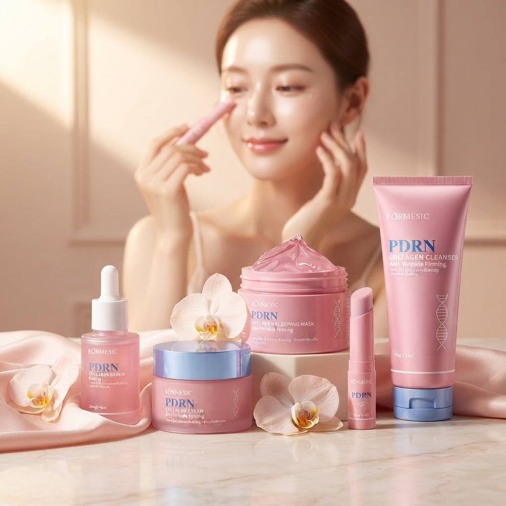 KORMESIC PDRN and Collagen skincare set including eye stick, serum, and cream on a marble surface with soft pink accents.