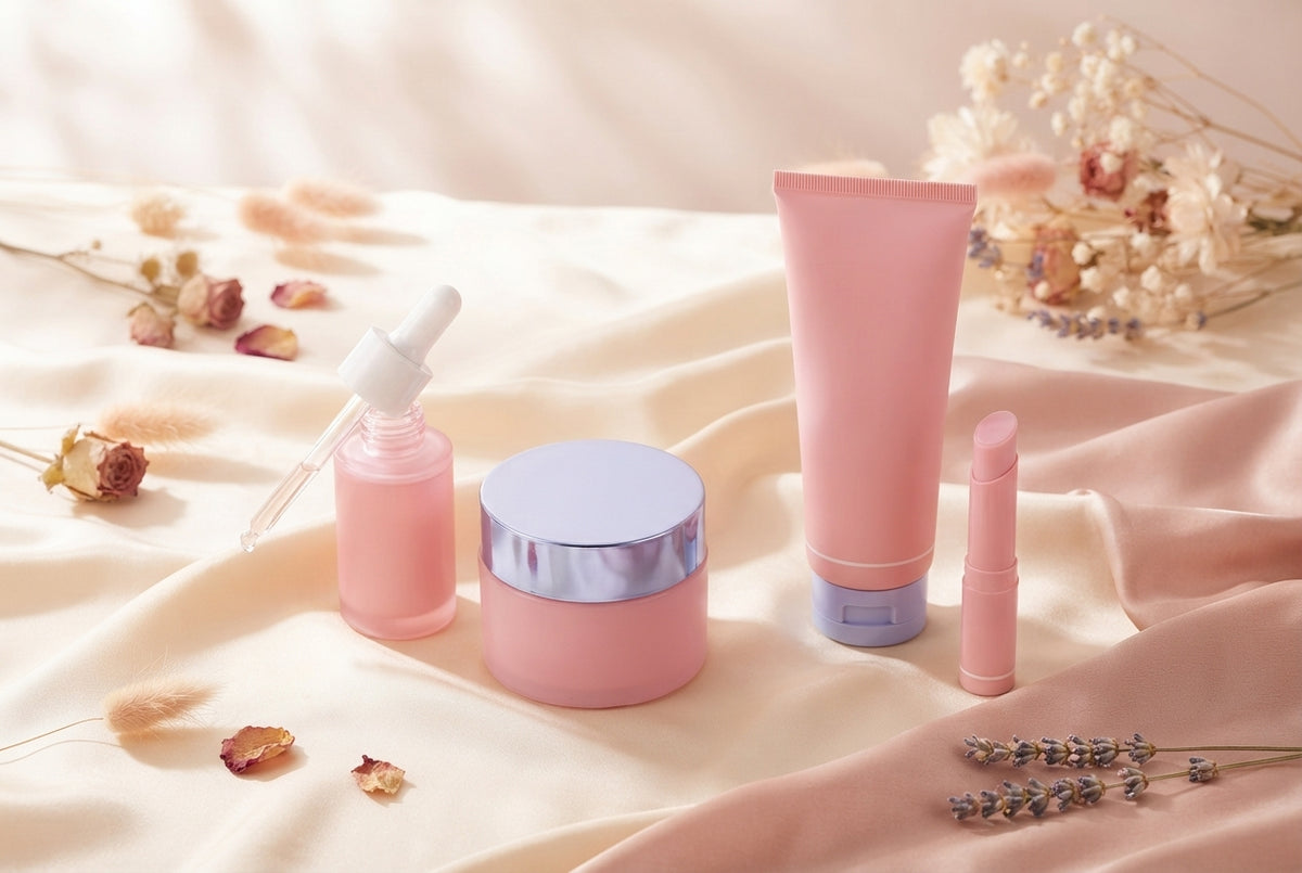 A curated collection of KORMESIC PDRN and Collagen skincare products arranged on a blush pink silk cloth in a bright studio.